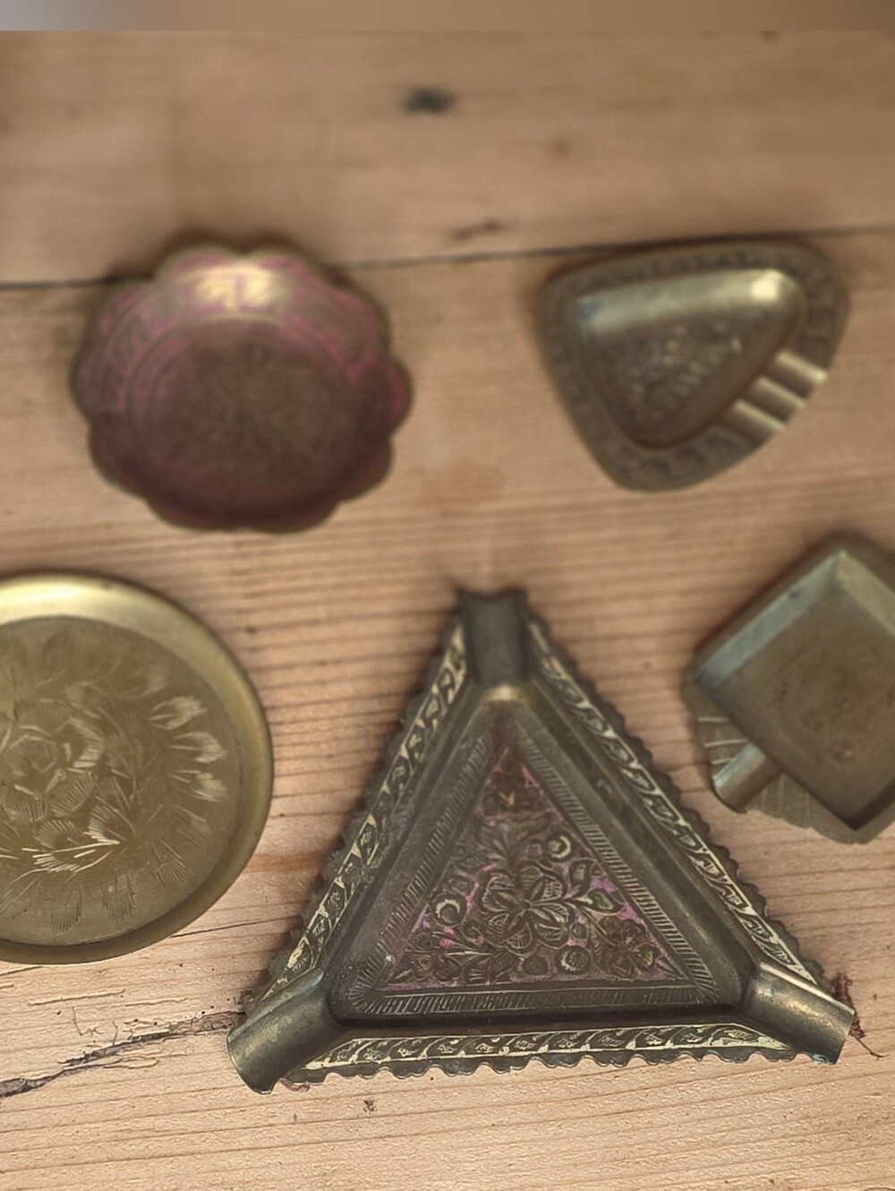 5 Etched Brass Ashtrays Triangle Square Round Scalloped Made in India Vintage